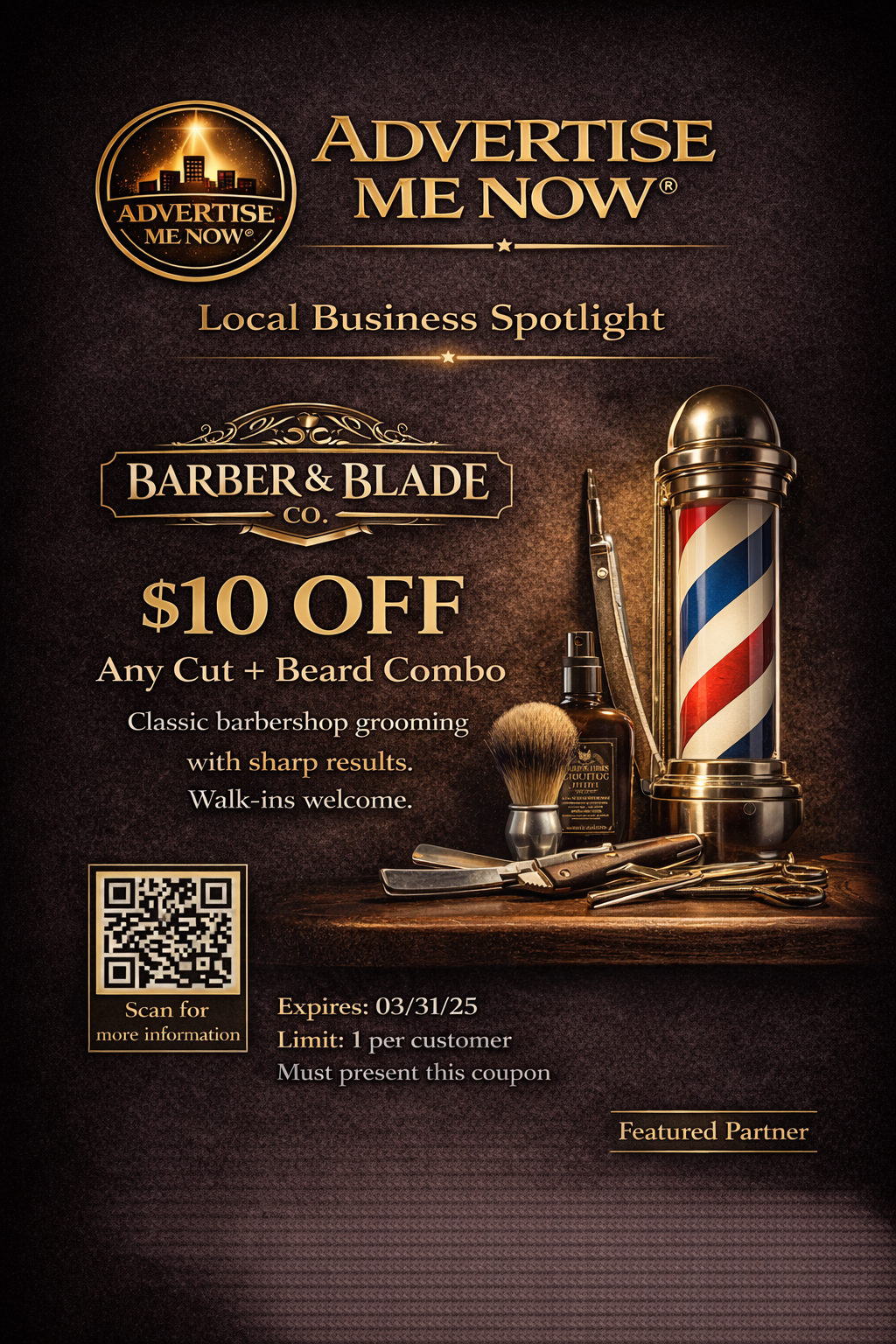 Barber and Blade Co featured advertisement showing $10 off coupon for first-time customers with professional barber shop storefront image